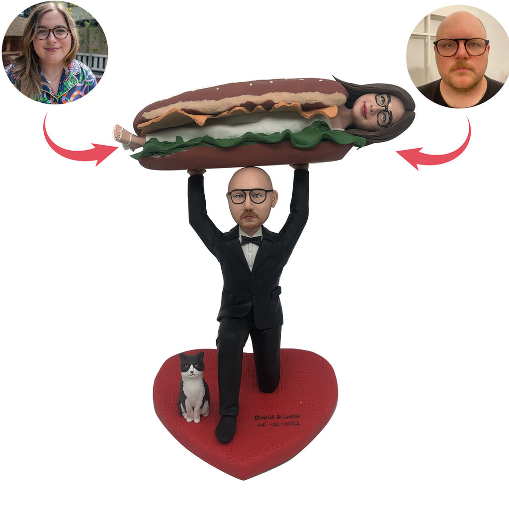 Muñeca Cabezudo de boda estilo divertido hamburguesa