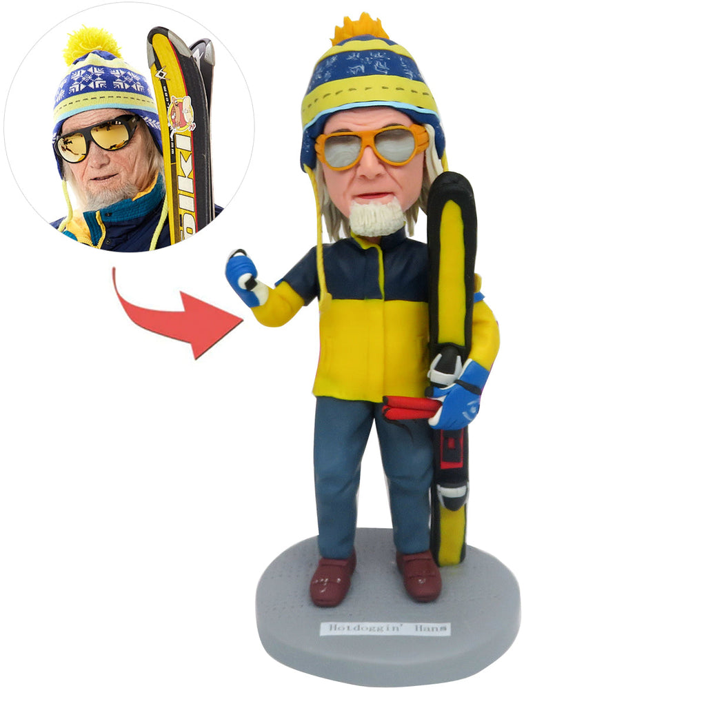 Cabezudo de papá personalizado en trajes de esquí