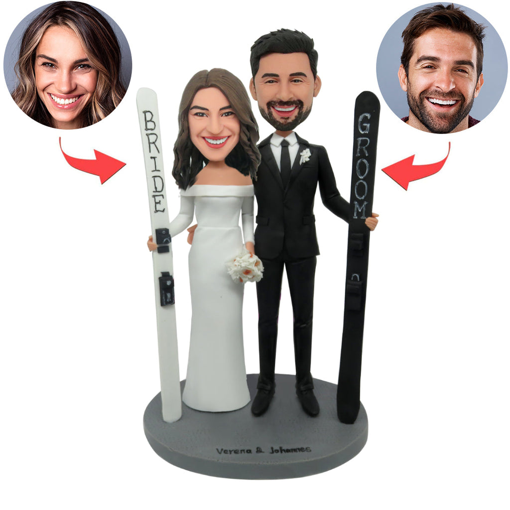 Cabezudo personalizado de pareja de novios con patineta