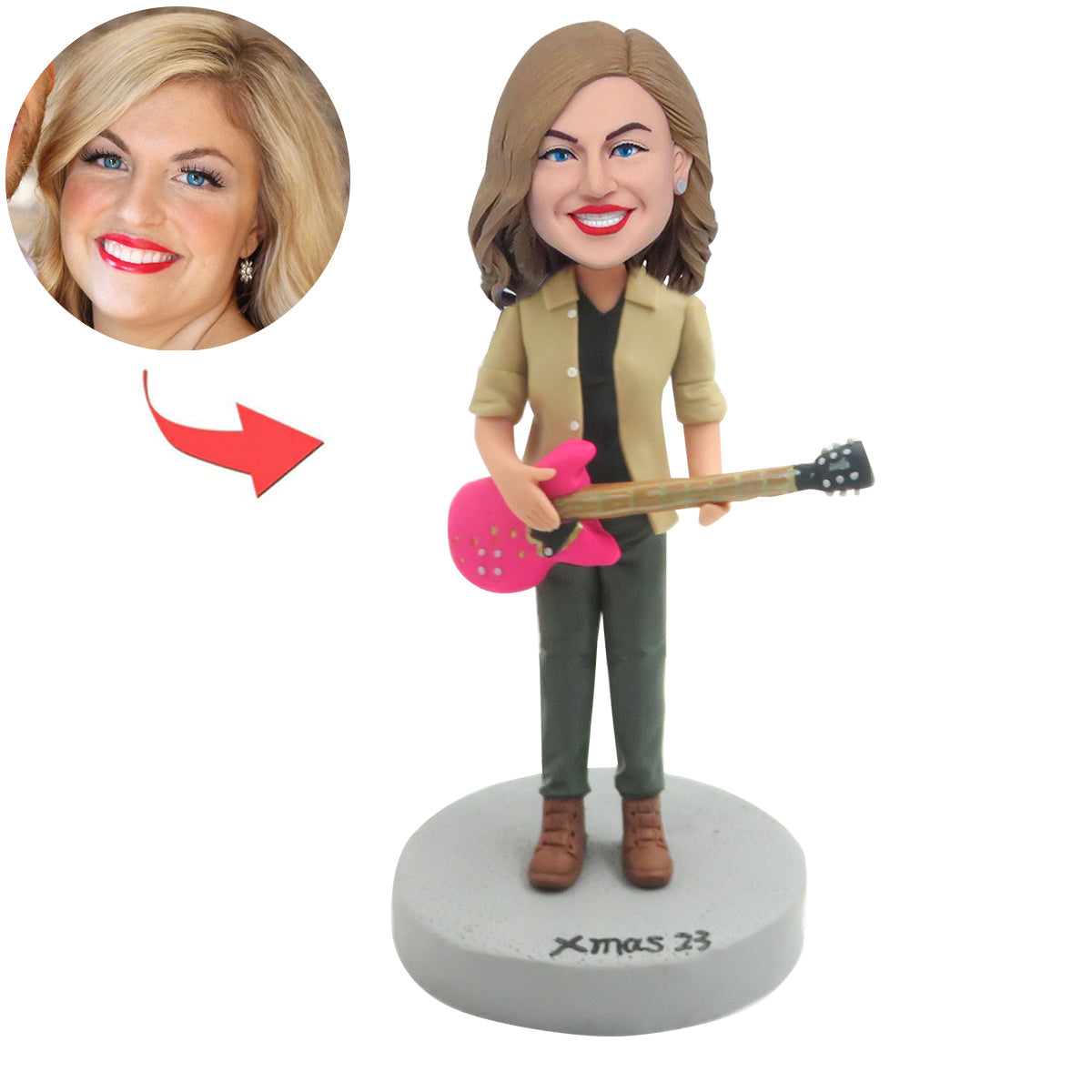 Cabezudo femenino personalizado con guitarra rosa