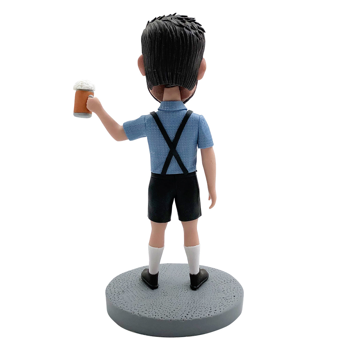Cabezudo personalizado bebiendo cerveza feliz