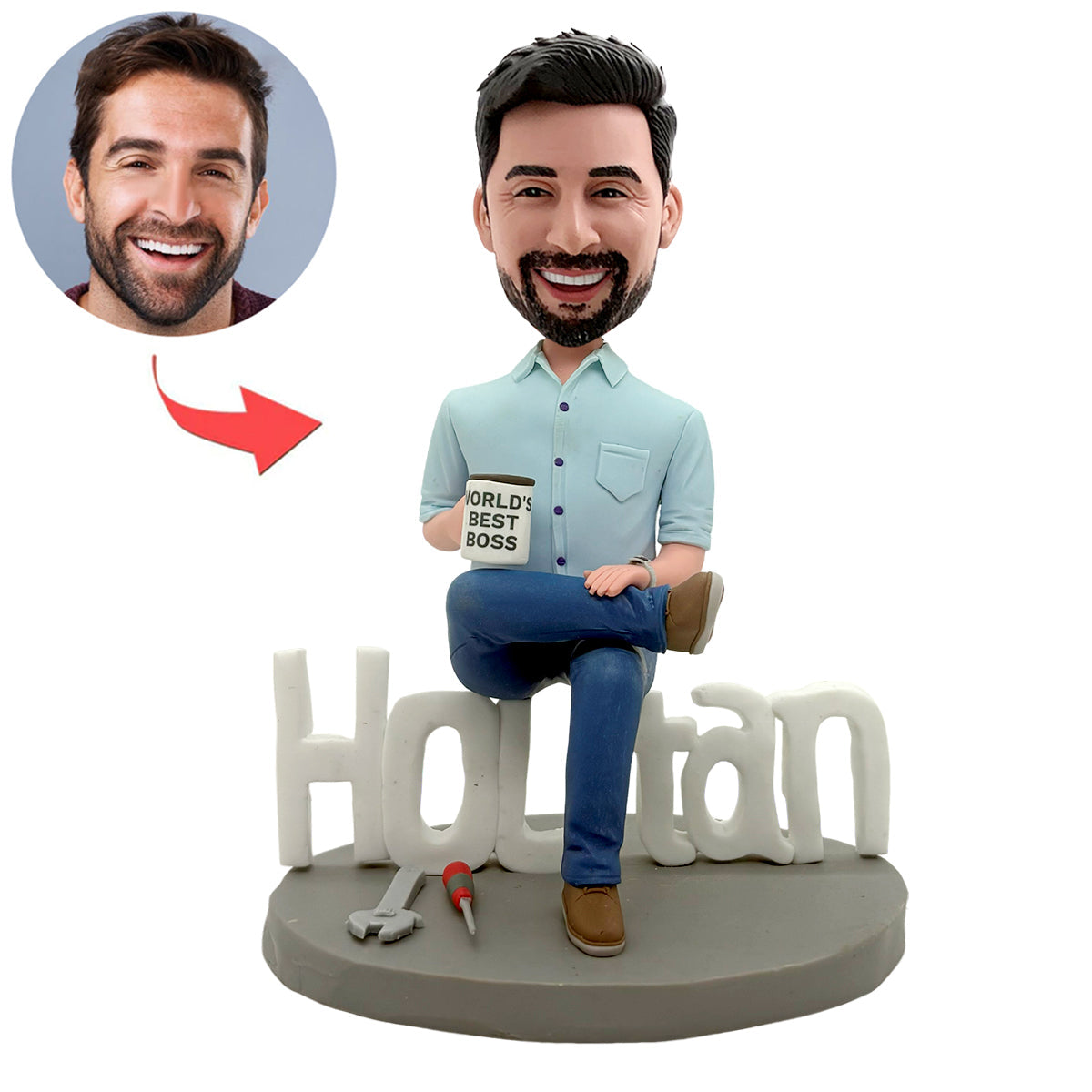 Figura cabezona personalizada con taza "El mejor jefe del mundo"