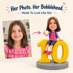 Figura bobblehead personalizada de niña sentada sobre el número 10, regalo de cumpleaños de 10 años