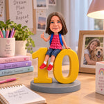 Figura bobblehead personalizada de niña sentada sobre el número 10, regalo de cumpleaños de 10 años