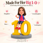 Figura bobblehead personalizada de niña sentada sobre el número 10, regalo de cumpleaños de 10 años