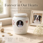 Urna conmemorativa de cerámica para mascotas personalizada con foto y figurilla personalizadas
