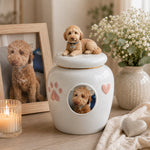 Urna conmemorativa de cerámica para mascotas personalizada con foto y figurilla personalizadas