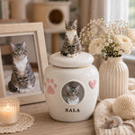 Urna conmemorativa de cerámica para mascotas personalizada con foto y figurilla personalizadas