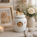 Urna conmemorativa de cerámica para mascotas personalizada con foto y figurilla personalizadas