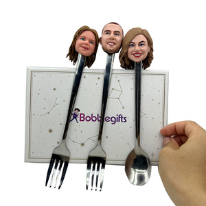 Tenedor y cuchara personalizados de la familia Bobblehead