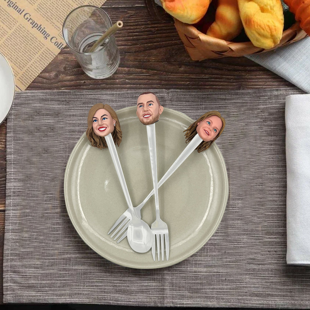 Tenedor y cuchara personalizados de la familia Bobblehead