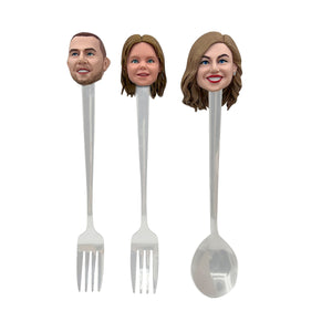 Tenedor y cuchara personalizados de la familia Bobblehead